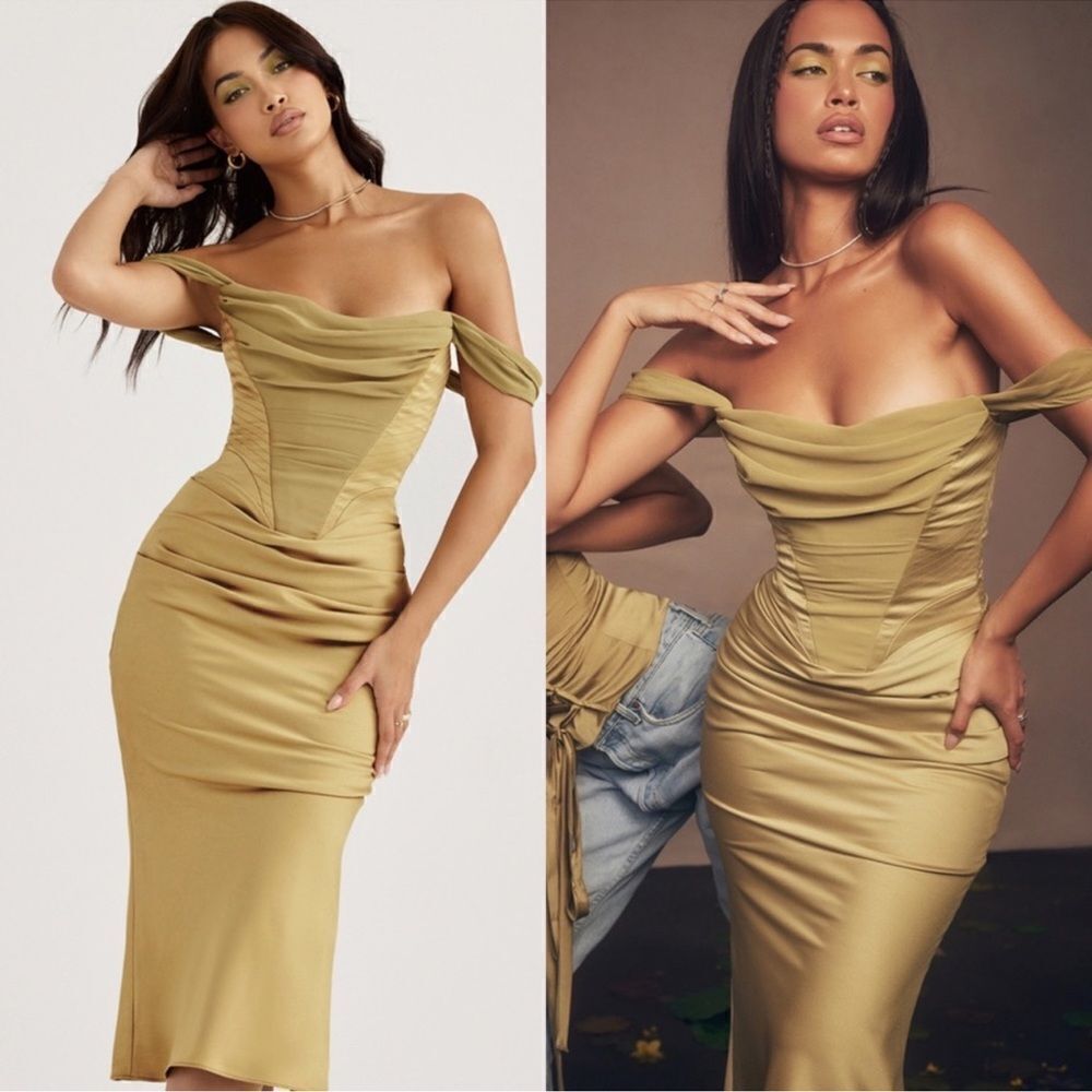 House of CB Natalya Olive Satin Corset Midi Dress